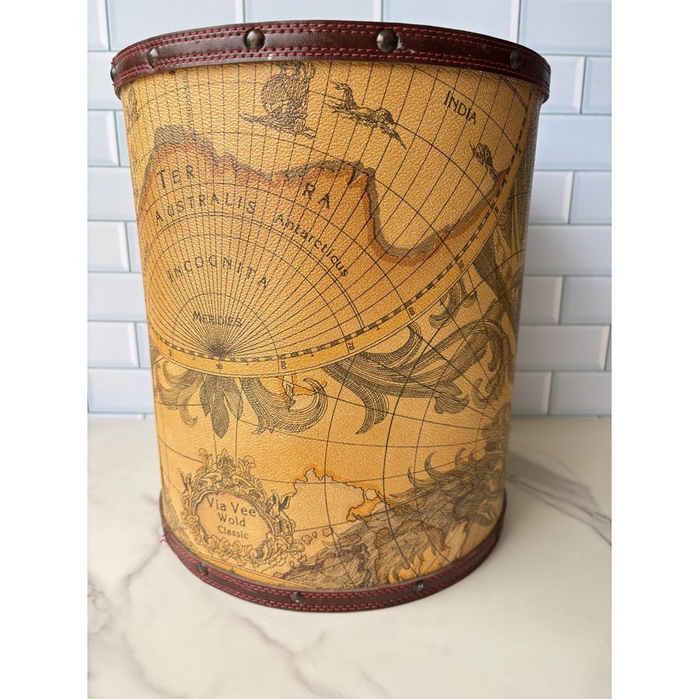 Three Hands Corp Vintage World Map Wastebasket Faux Leather Nautical Bin